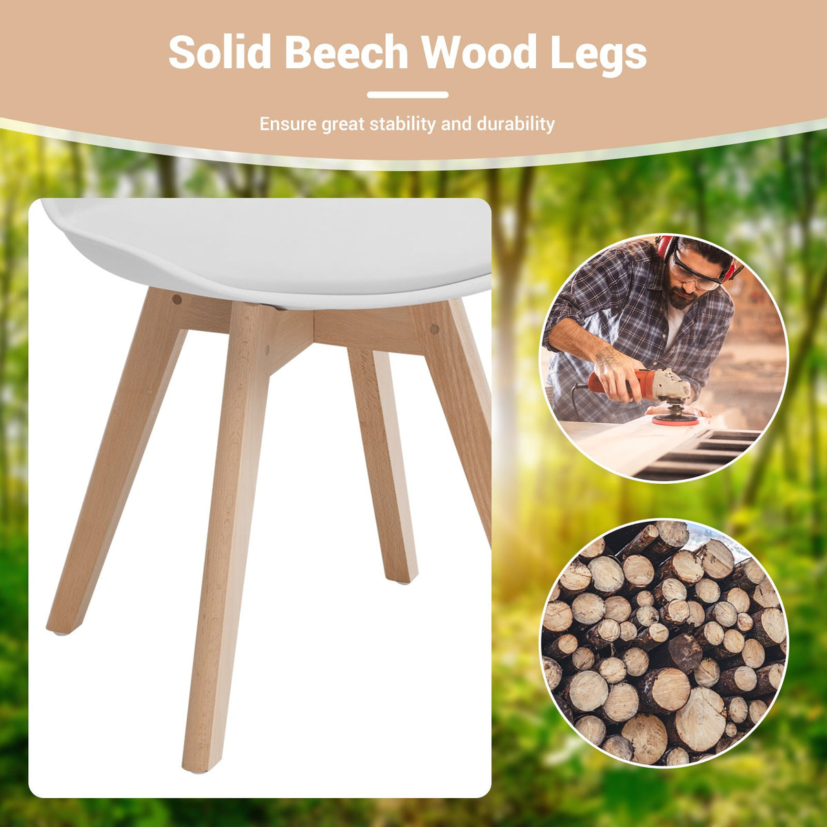Set of 4 Dining Chairs Mid-Century Modern Shell PU Seat with Wooden Legs-White view 8