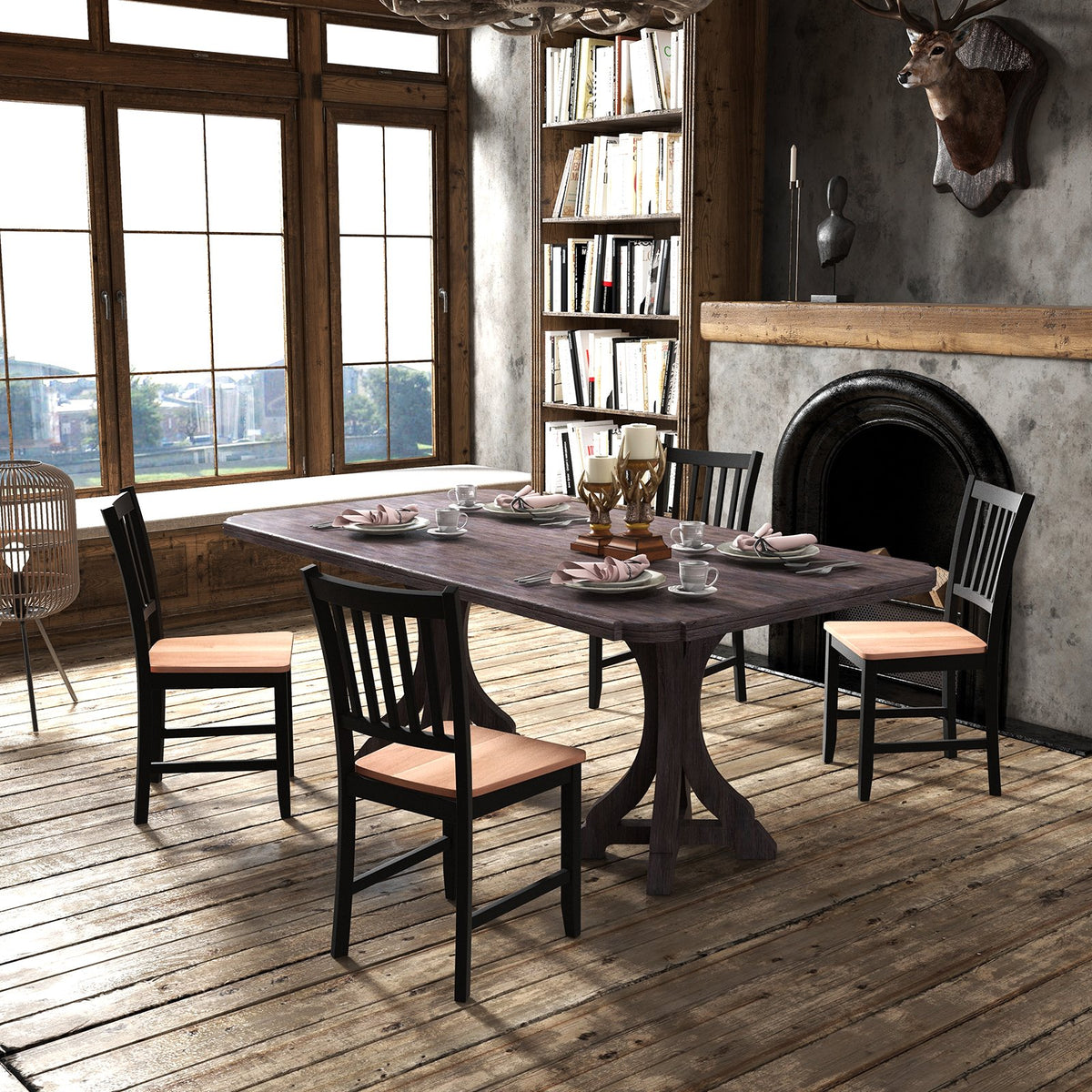 Set of 4 Dining Chair Spindle Back Wooden Legs view 2
