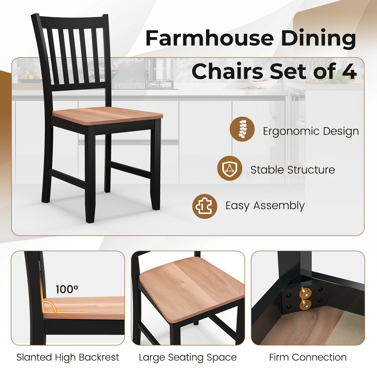 Set of 4 Dining Chair Spindle Back Wooden Legs view 5