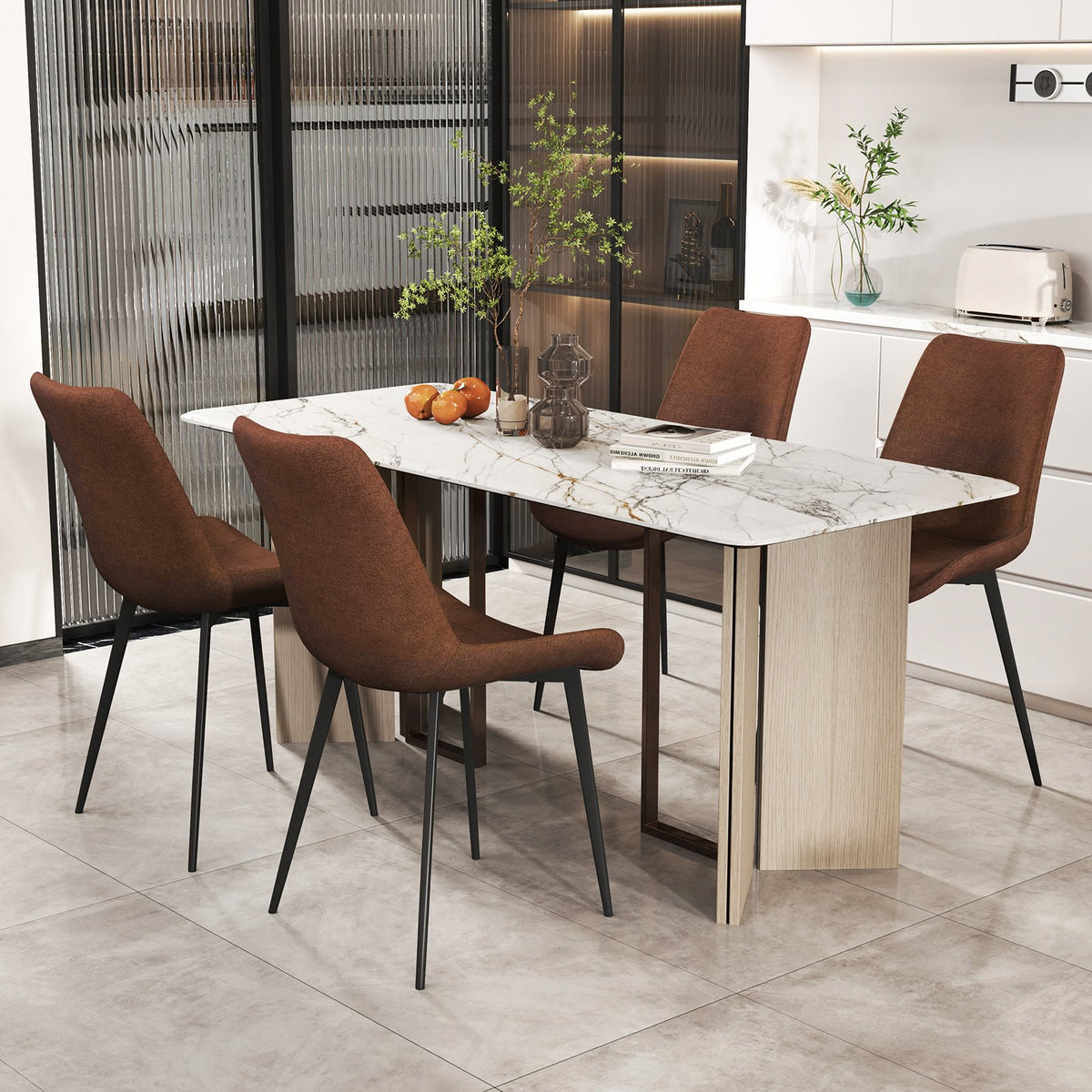 Set of 4 Dining Chair Upholstered with Metal Legs and Padded Backs-Brown view 6