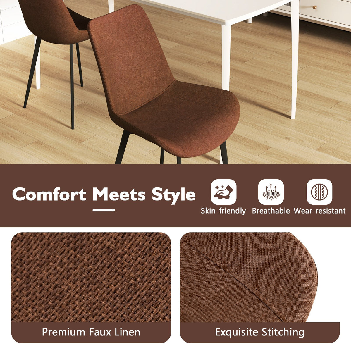 Set of 4 Dining Chair Upholstered with Metal Legs and Padded Backs-Brown view 7