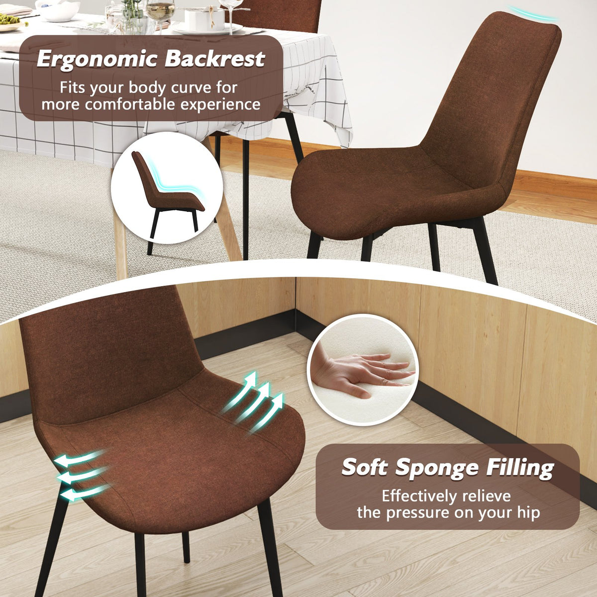 Set of 4 Dining Chair Upholstered with Metal Legs and Padded Backs-Brown view 8