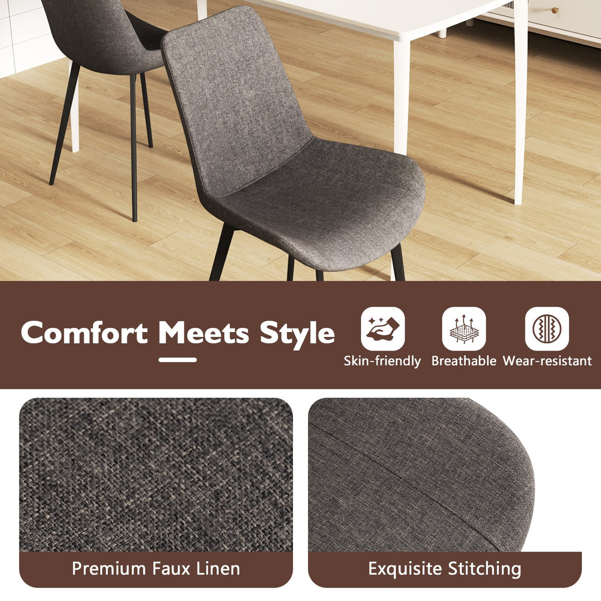 Set of 4 Dining Chair Upholstered with Metal Legs and Padded Backs-Gray view 7