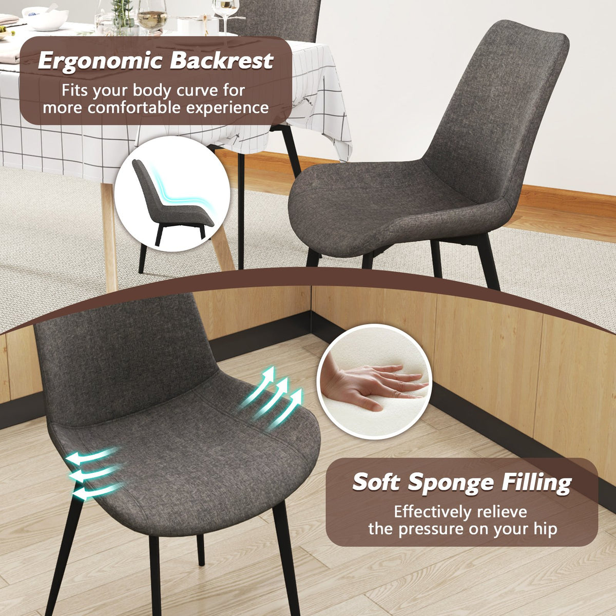 Set of 4 Dining Chair Upholstered with Metal Legs and Padded Backs-Gray view 8