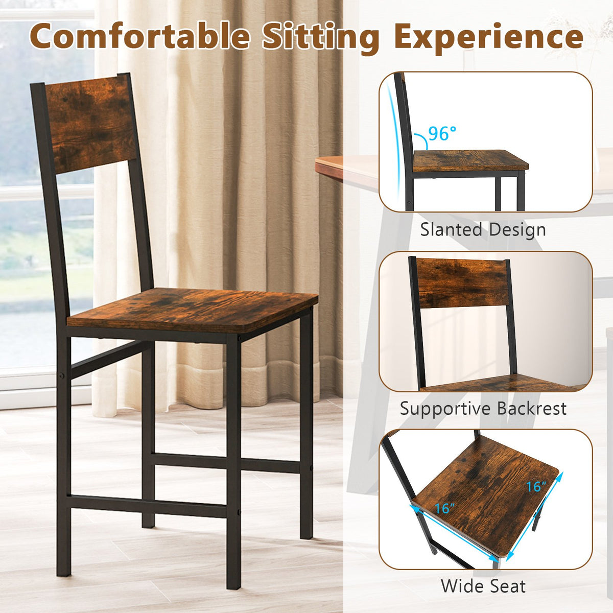 Set of 4 Dining Chairs with Metal Legs and Slanted Back-Rustic Brown view 5