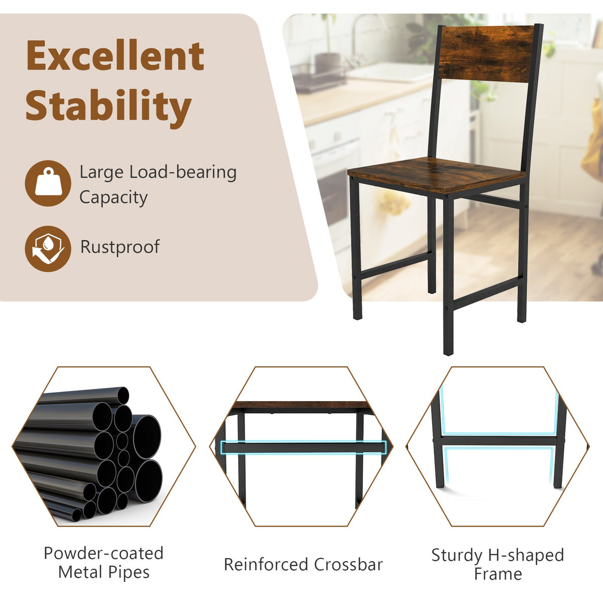 Set of 4 Dining Chairs with Metal Legs and Slanted Back-Rustic Brown view 6