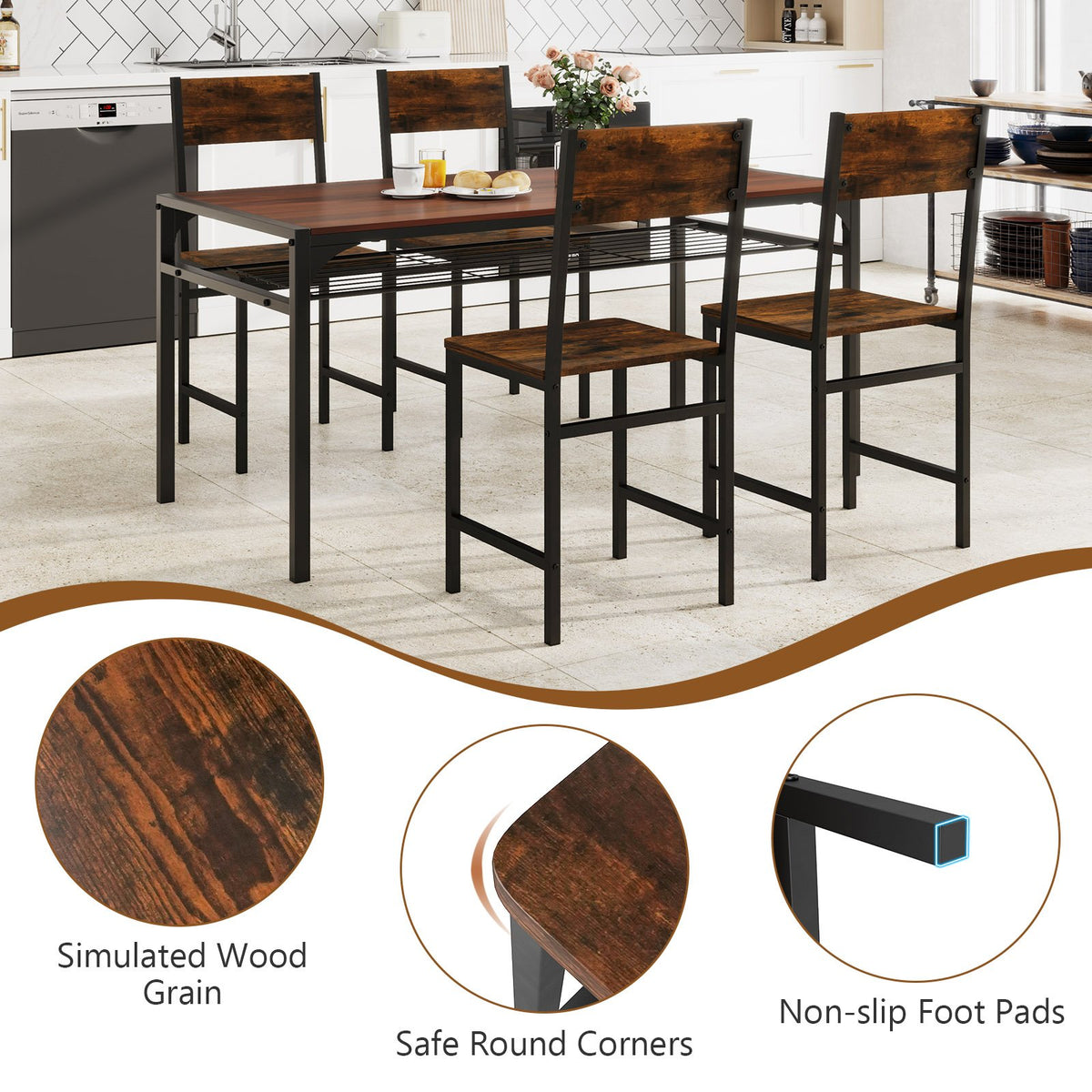 Set of 4 Dining Chairs with Metal Legs and Slanted Back-Rustic Brown view 7