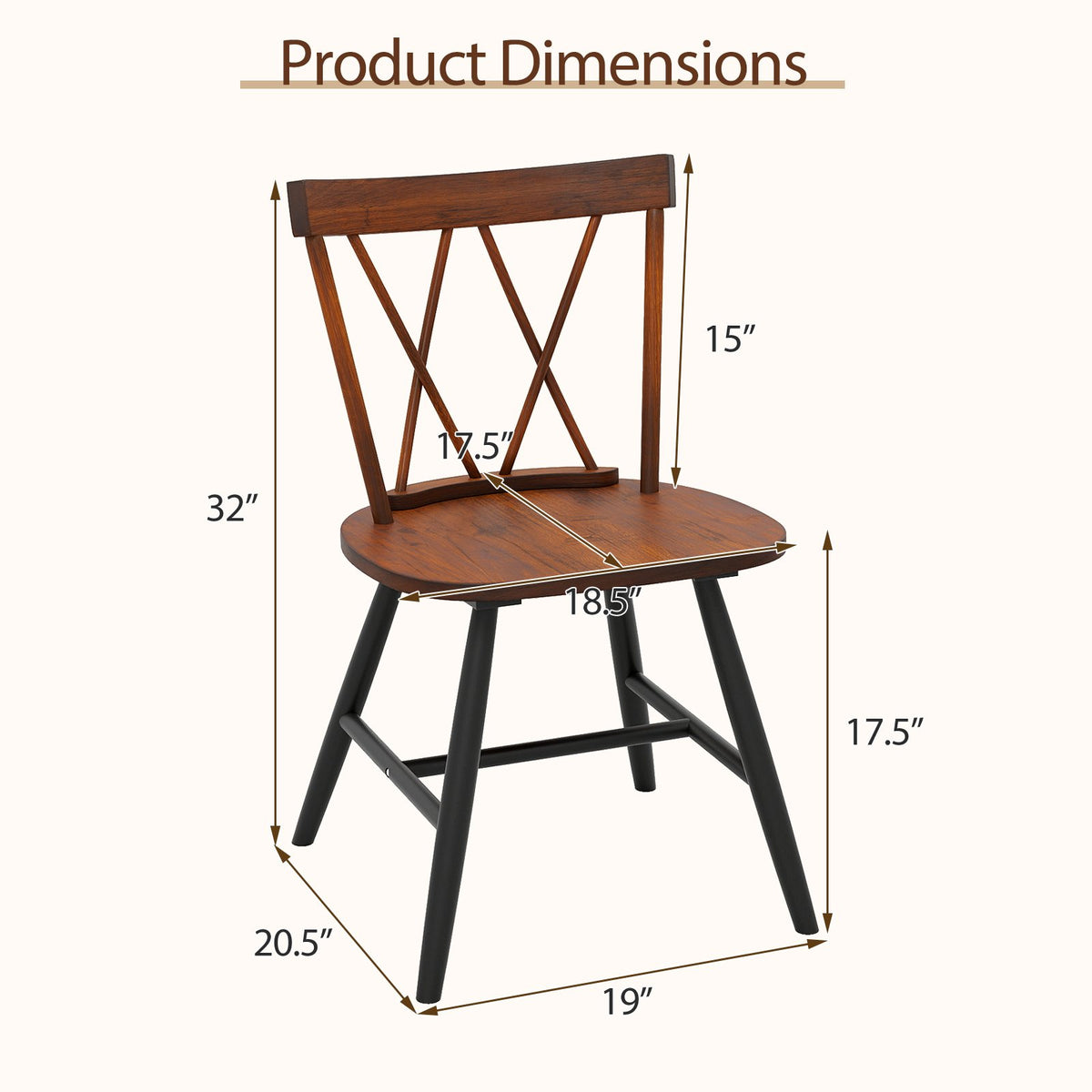 Set of 4 Dining Chairs with Rubber Wood Frame and Curved Cross Back-Dark Brown view 3