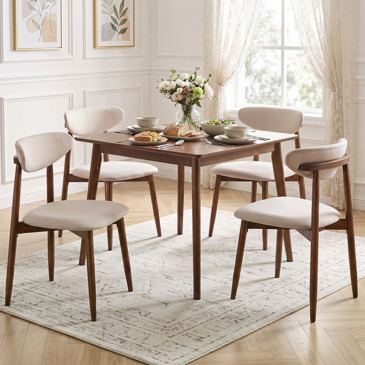 Set of 4 Fabric Upholstered Dining Chairs with Curved Backs-Beige view 2
