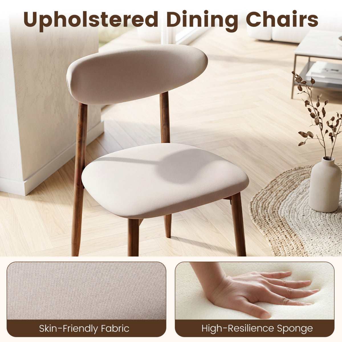 Set of 4 Fabric Upholstered Dining Chairs with Curved Backs-Beige view 4
