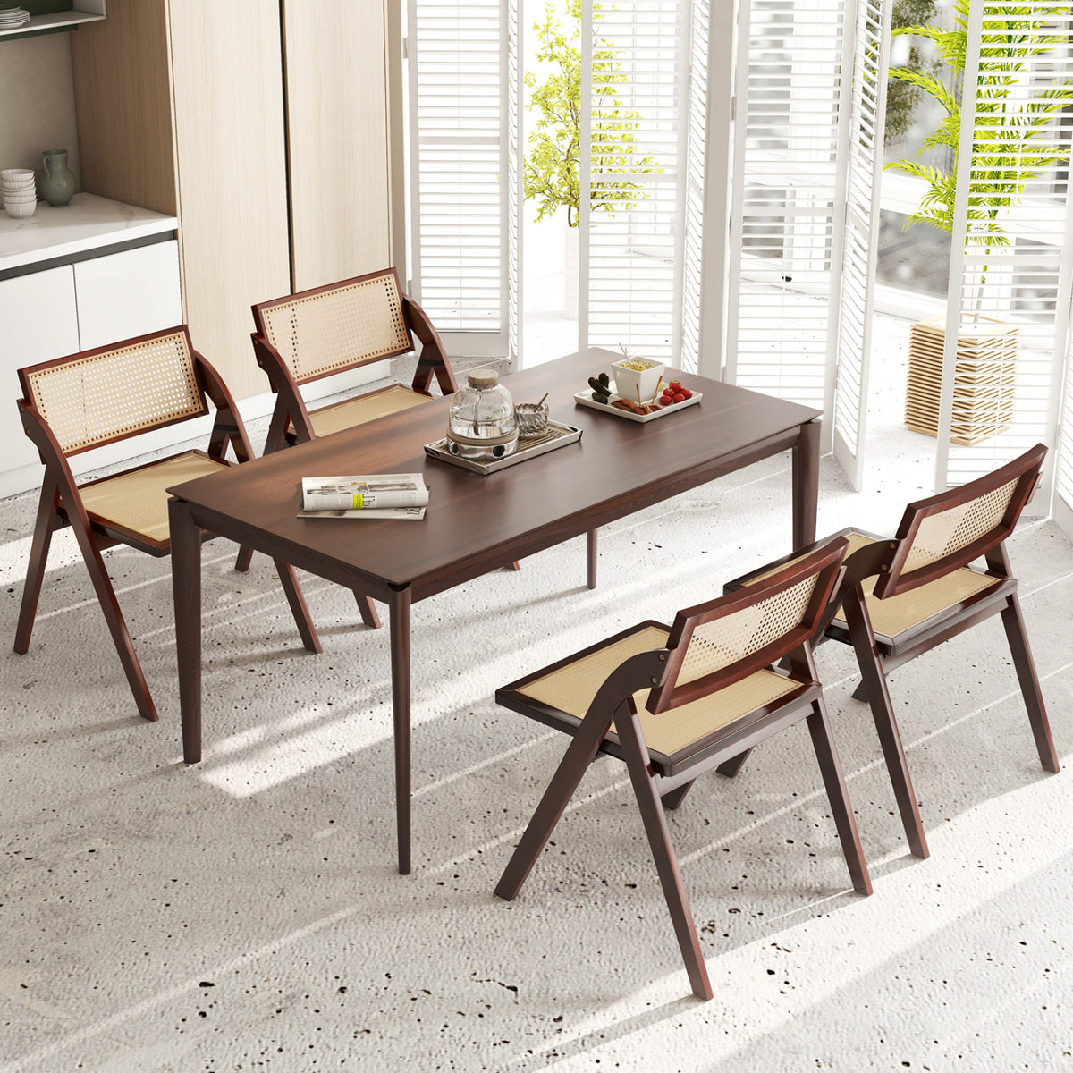 Set of 4 Foldable Dining Chairs with Woven Rattan Backrest-Brown view 2