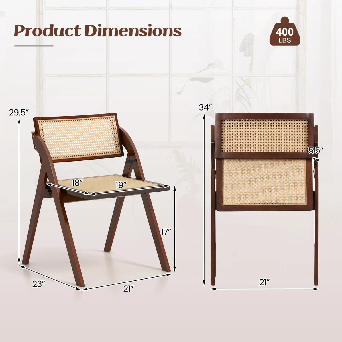 Set of 4 Foldable Dining Chairs with Woven Rattan Backrest-Brown view 3
