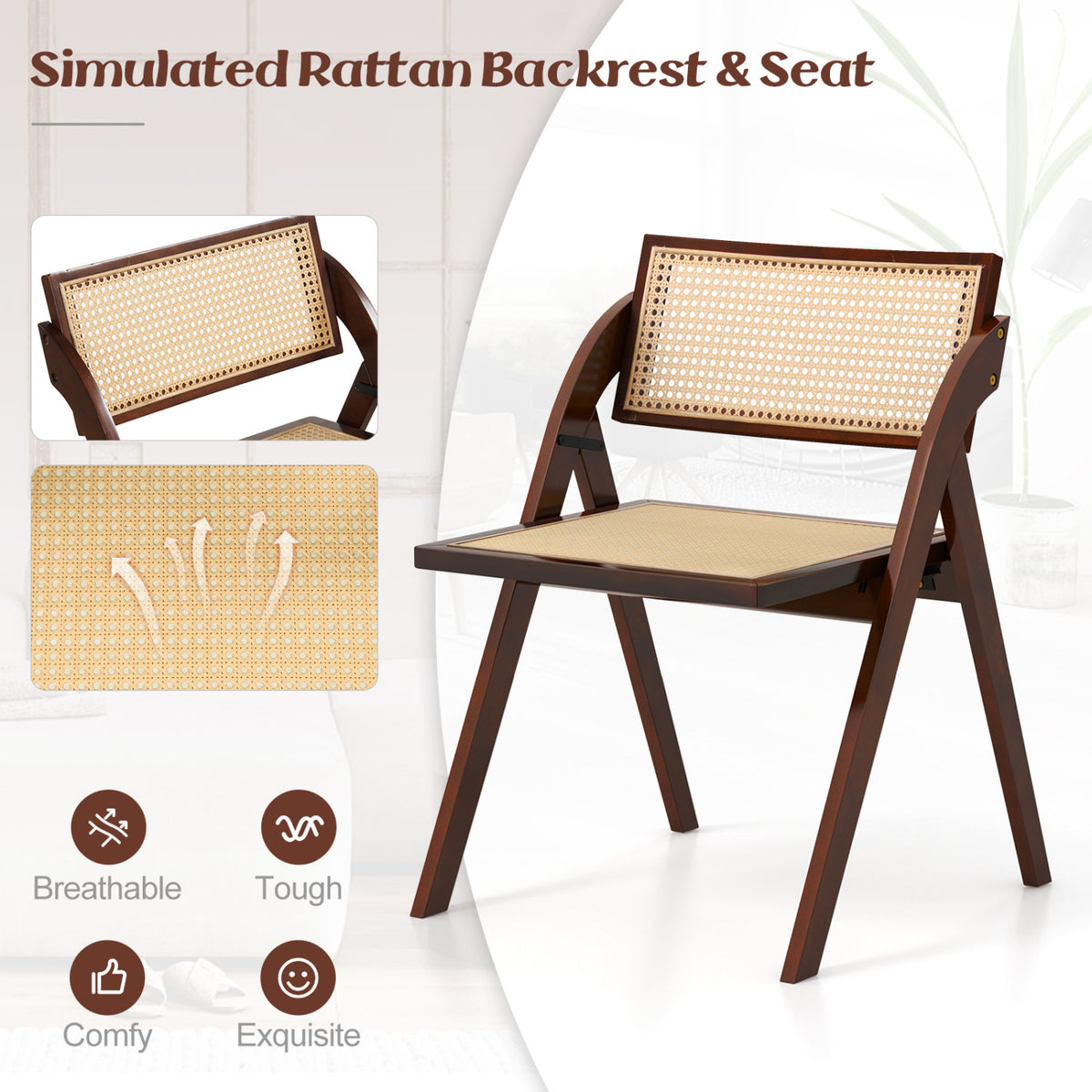 Set of 4 Foldable Dining Chairs with Woven Rattan Backrest-Brown view 4