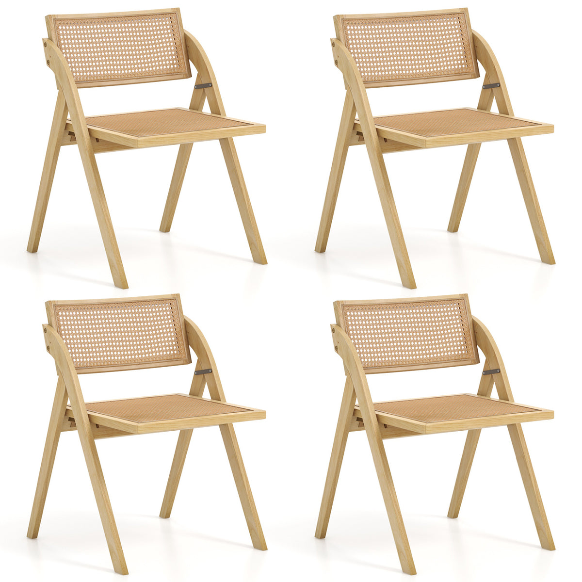 Set of 4 Foldable Dining Chairs with Woven Rattan Backrest-Natural