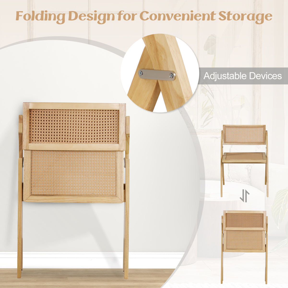 Set of 4 Foldable Dining Chairs with Woven Rattan Backrest-Natural view 6