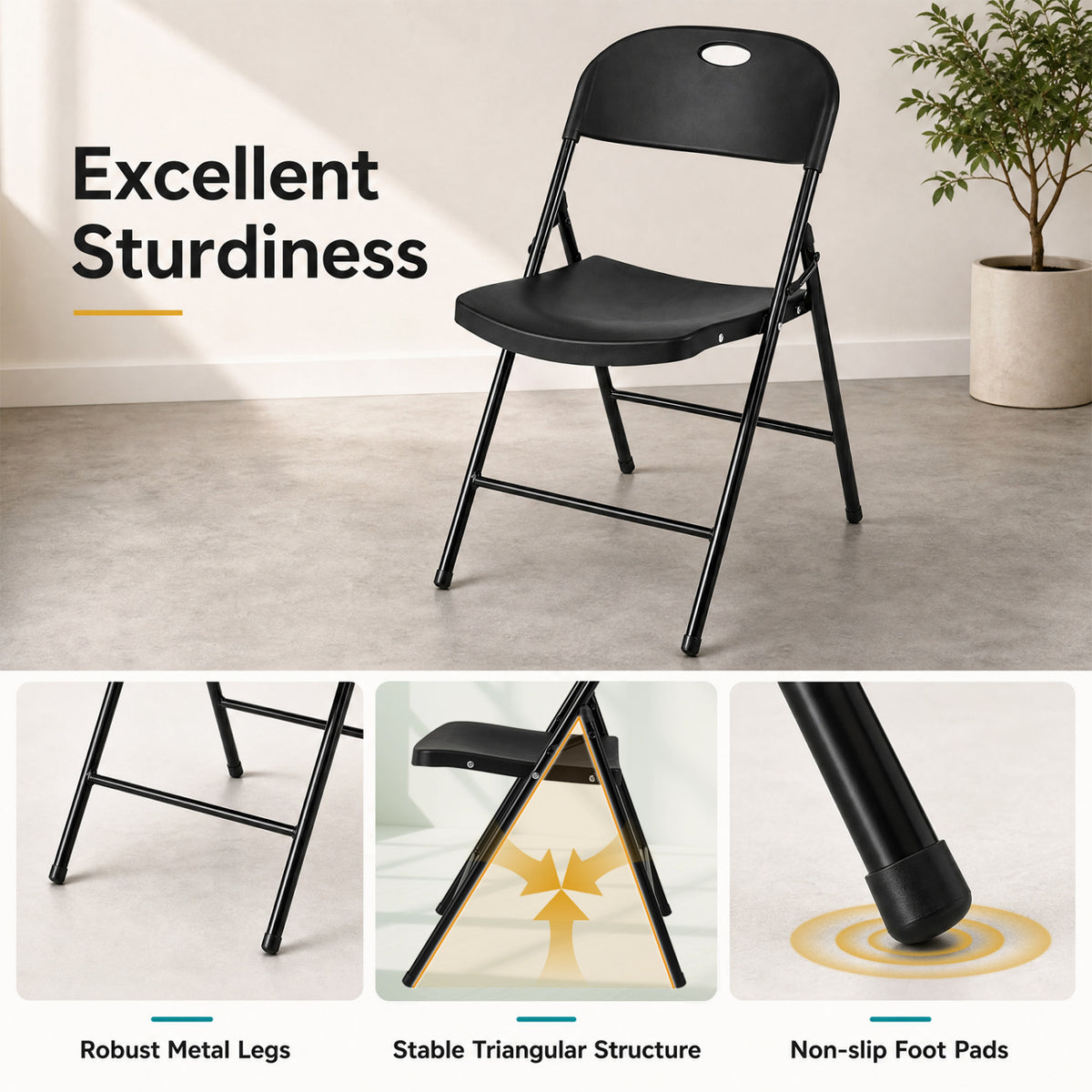Set of 4 Foldable Plastic Chairs with Ergonomic Backrest-Black view 5