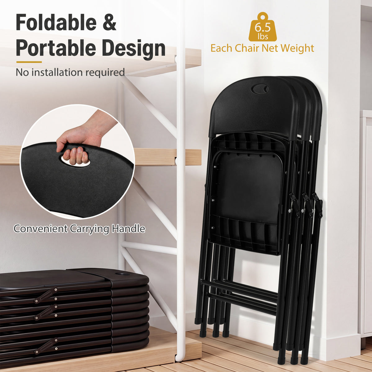 Set of 4 Foldable Plastic Chairs with Ergonomic Backrest-Black view 7