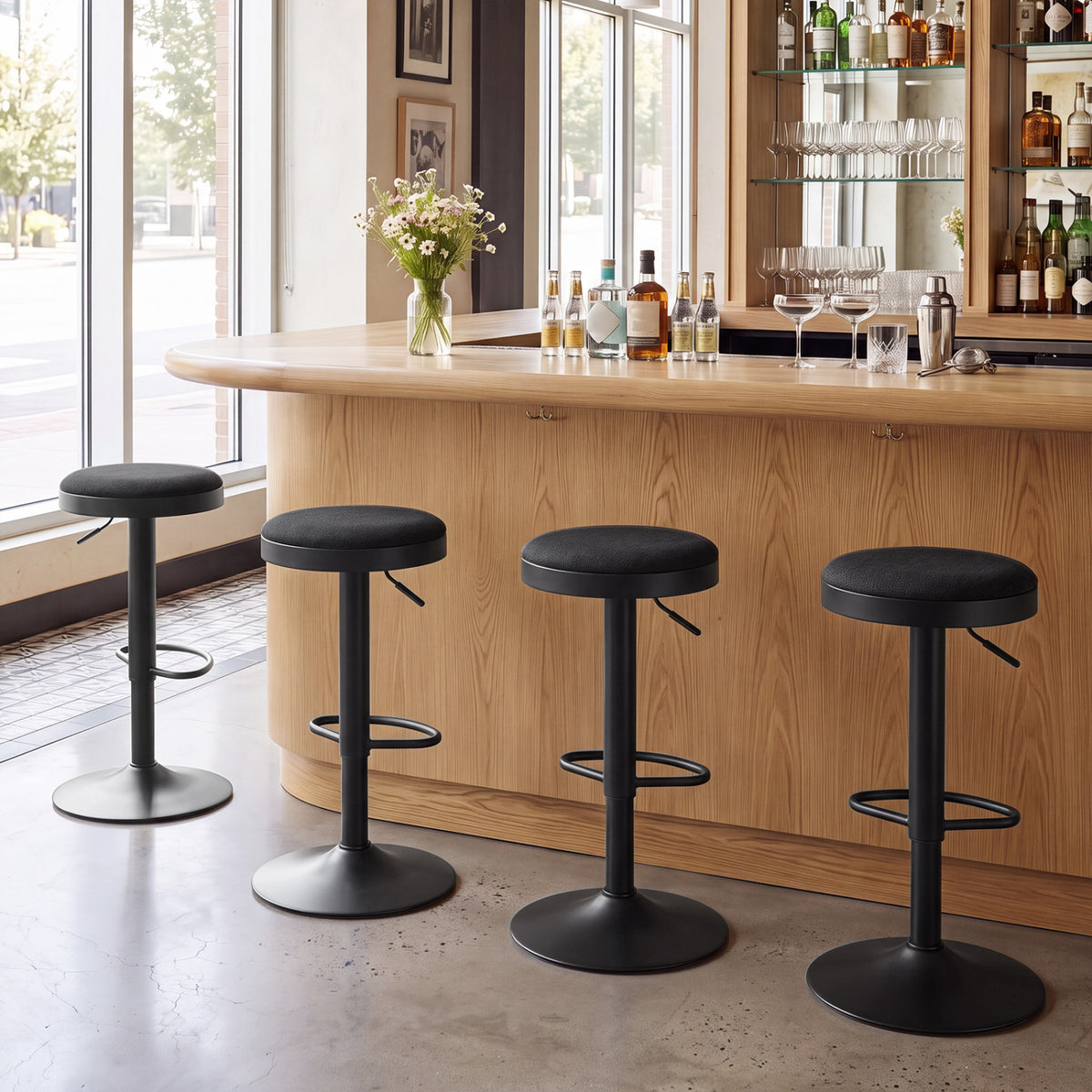 Set of 4 Kitchen Bar Stools with Height Adjustment Padded Seat and D-Shaped Footrest-Black view 3