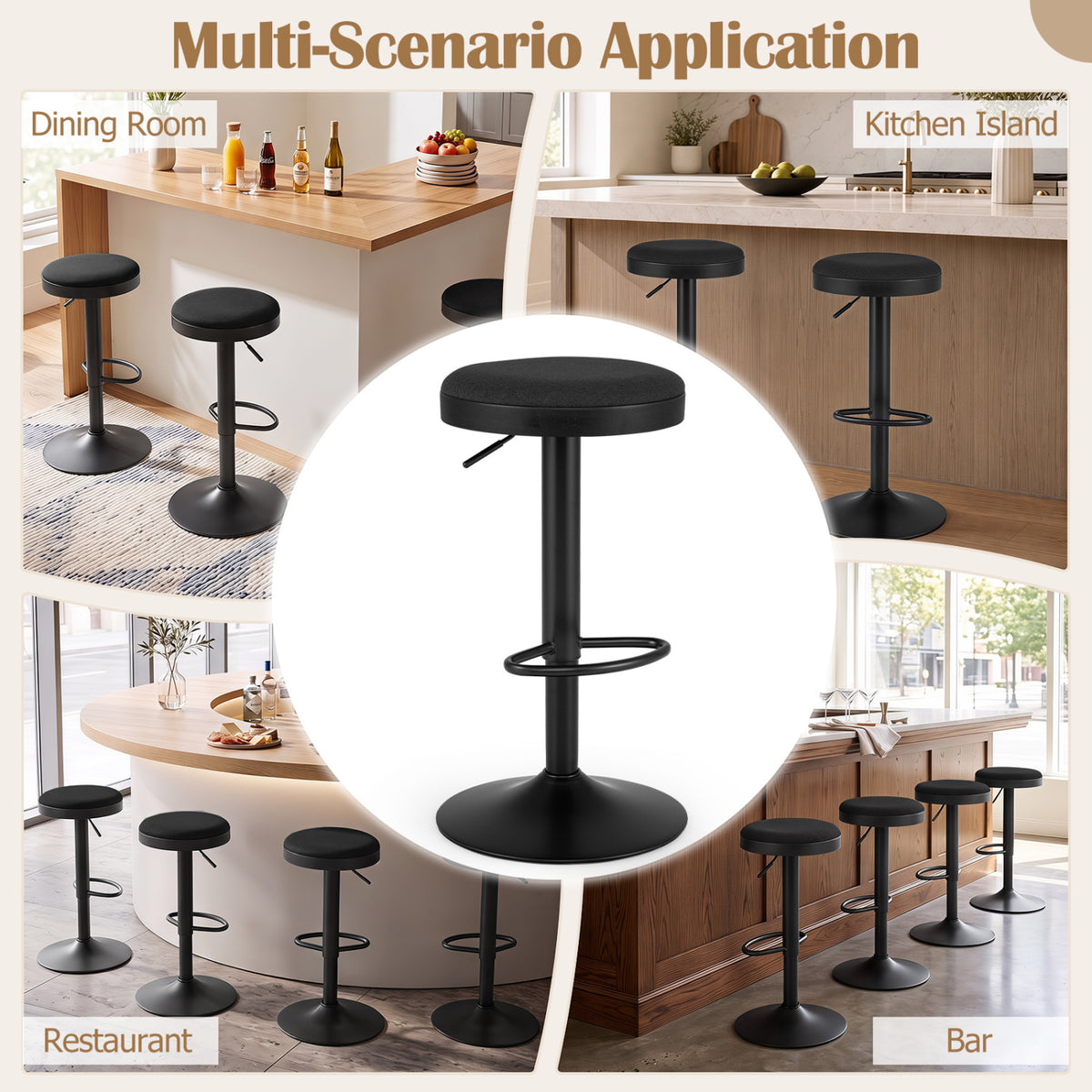 Set of 4 Kitchen Bar Stools with Height Adjustment Padded Seat and D-Shaped Footrest-Black view 8