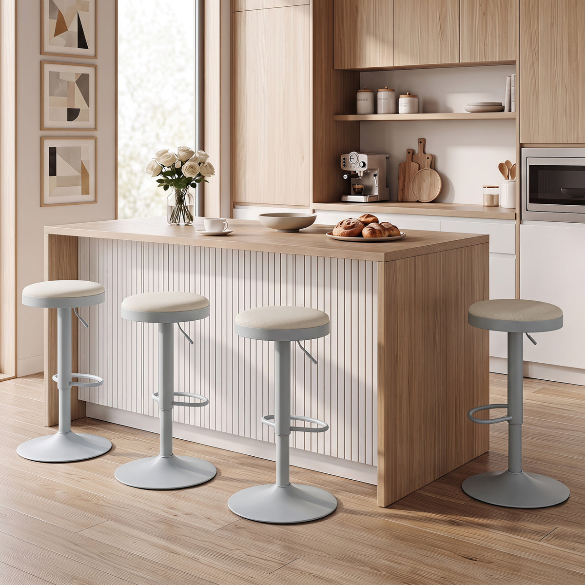 Set of 4 Kitchen Bar Stools with Height Adjustment Padded Seat and D-Shaped Footrest-Gray view 2