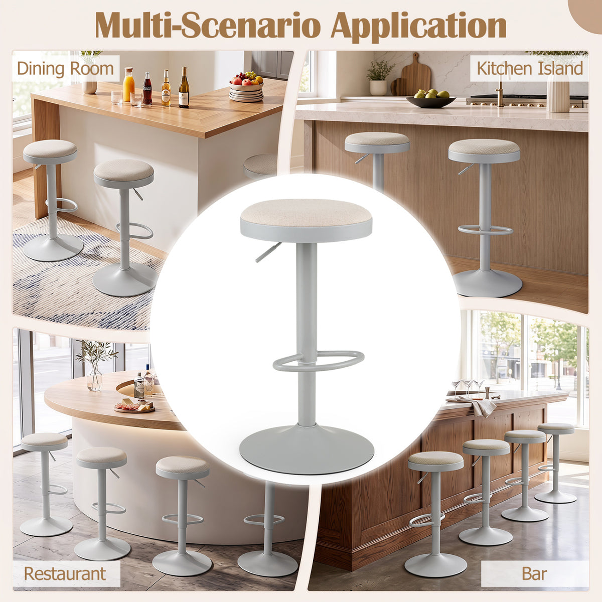 Set of 4 Kitchen Bar Stools with Height Adjustment Padded Seat and D-Shaped Footrest-Gray view 8