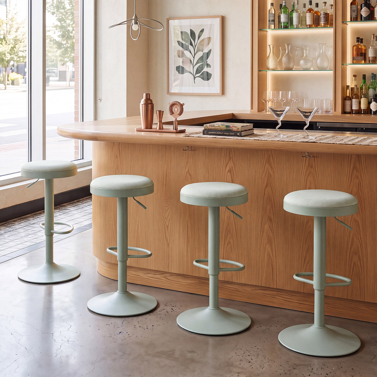 Set of 4 Kitchen Bar Stools with Height Adjustment Padded Seat and D-Shaped Footrest-Green view 3