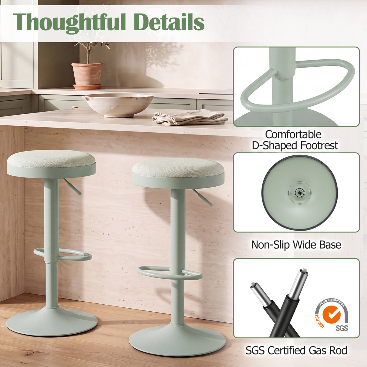 Set of 4 Kitchen Bar Stools with Height Adjustment Padded Seat and D-Shaped Footrest-Green view 9