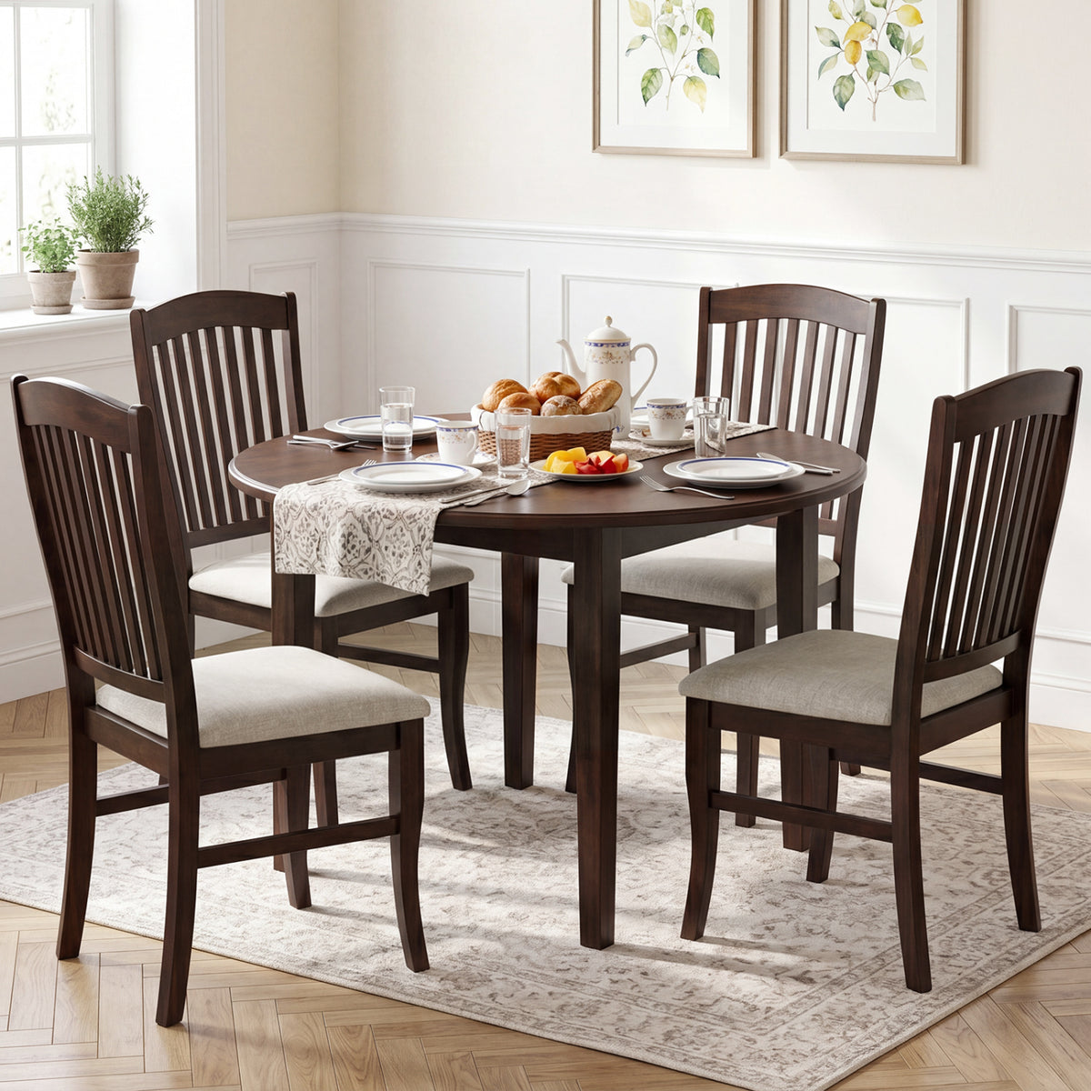 Set of 4 Kitchen Side Chairs with Rubber Wood Frame and Comfy Padded Seat-Brown & White view 2