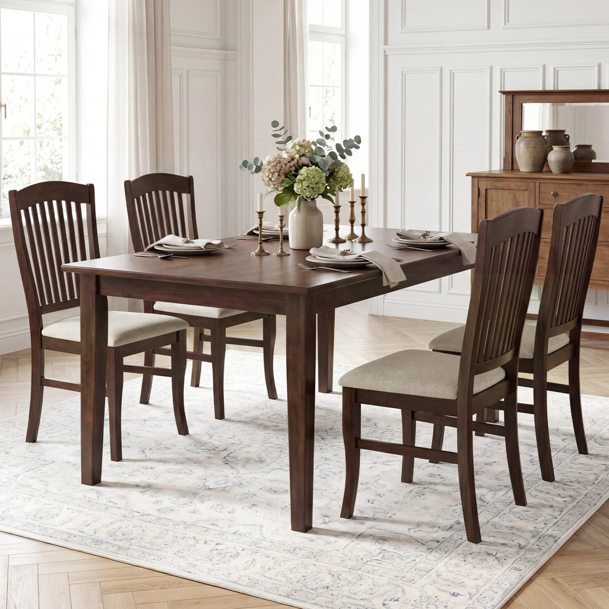 Set of 4 Kitchen Side Chairs with Rubber Wood Frame and Comfy Padded Seat-Brown & White view 3