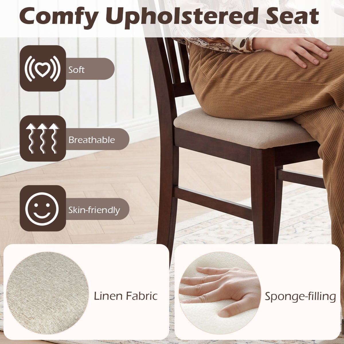 Set of 4 Kitchen Side Chairs with Rubber Wood Frame and Comfy Padded Seat-Brown & White view 7
