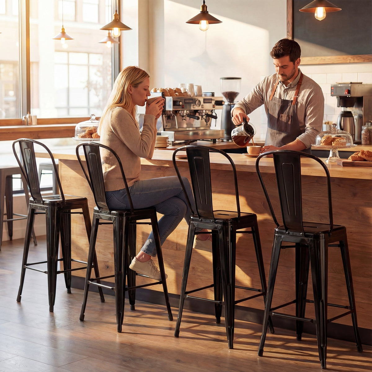 Set of 4 Metal Bar Stools with Backrests and Footrests-Black view 2