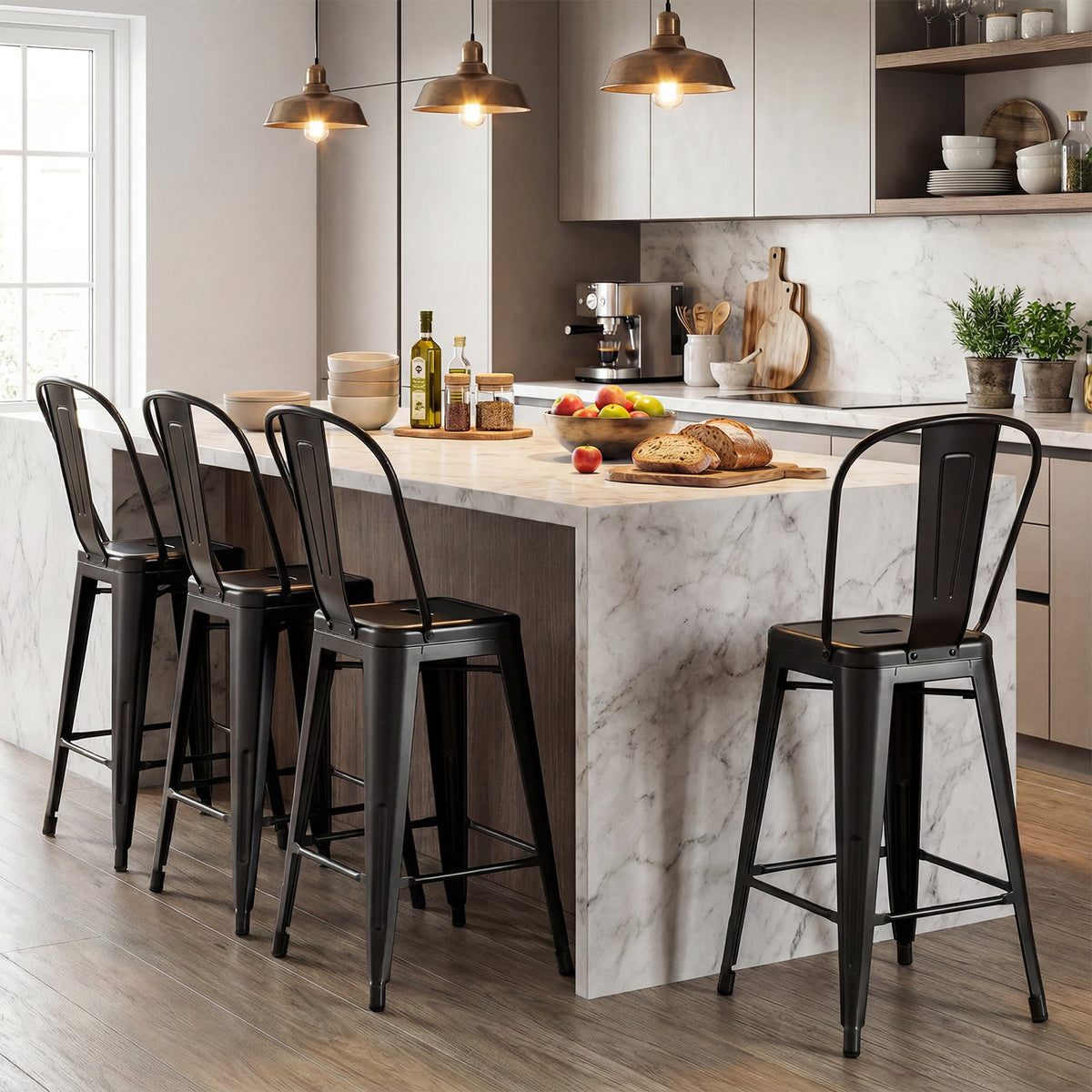 Set of 4 Metal Bar Stools with Backrests and Footrests-Black view 3