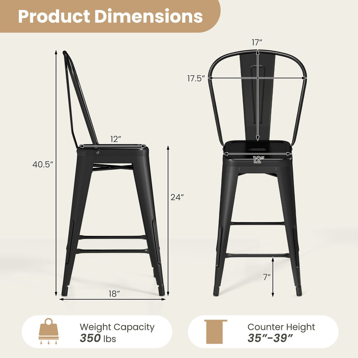 Set of 4 Metal Bar Stools with Backrests and Footrests-Black view 4