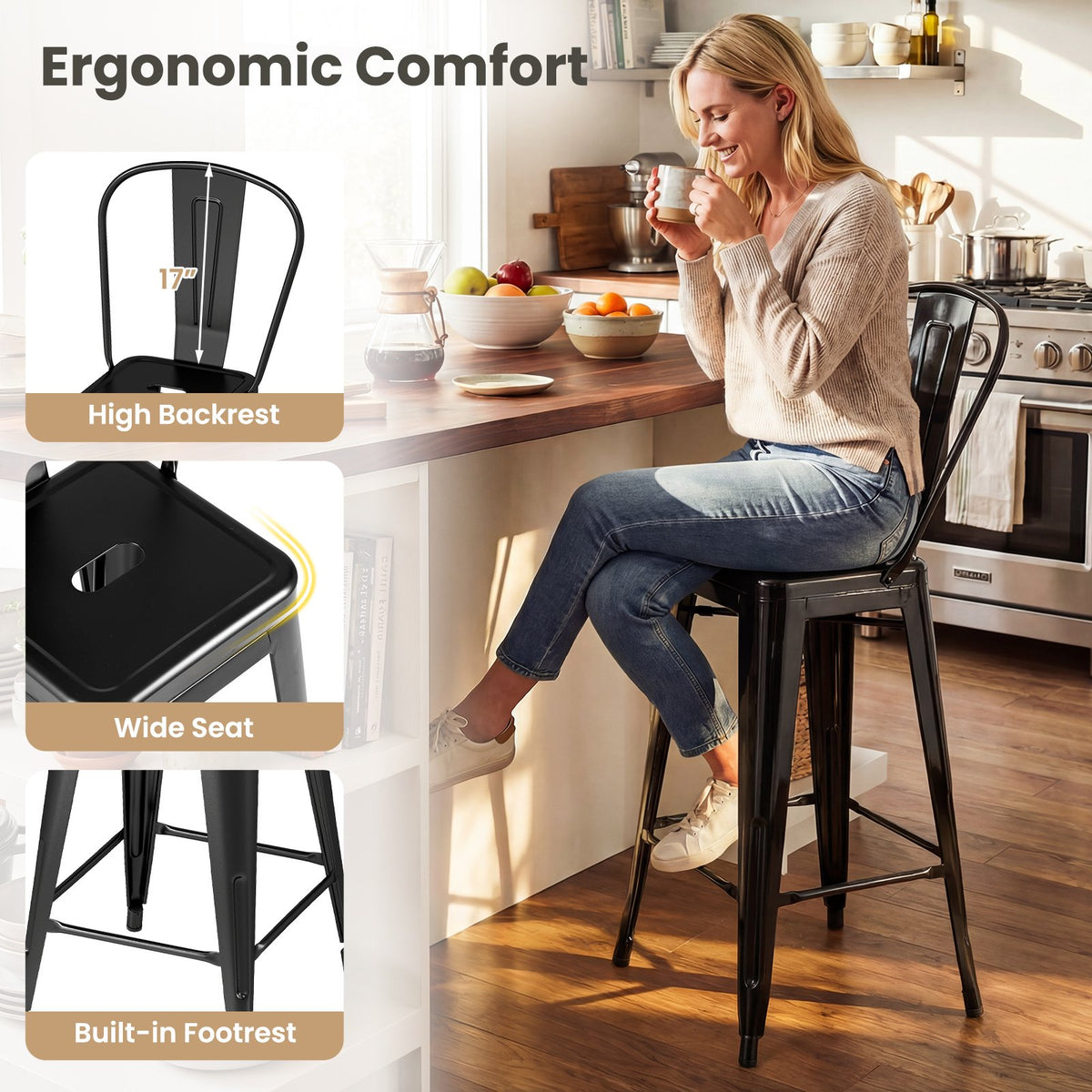 Set of 4 Metal Bar Stools with Backrests and Footrests-Black view 5