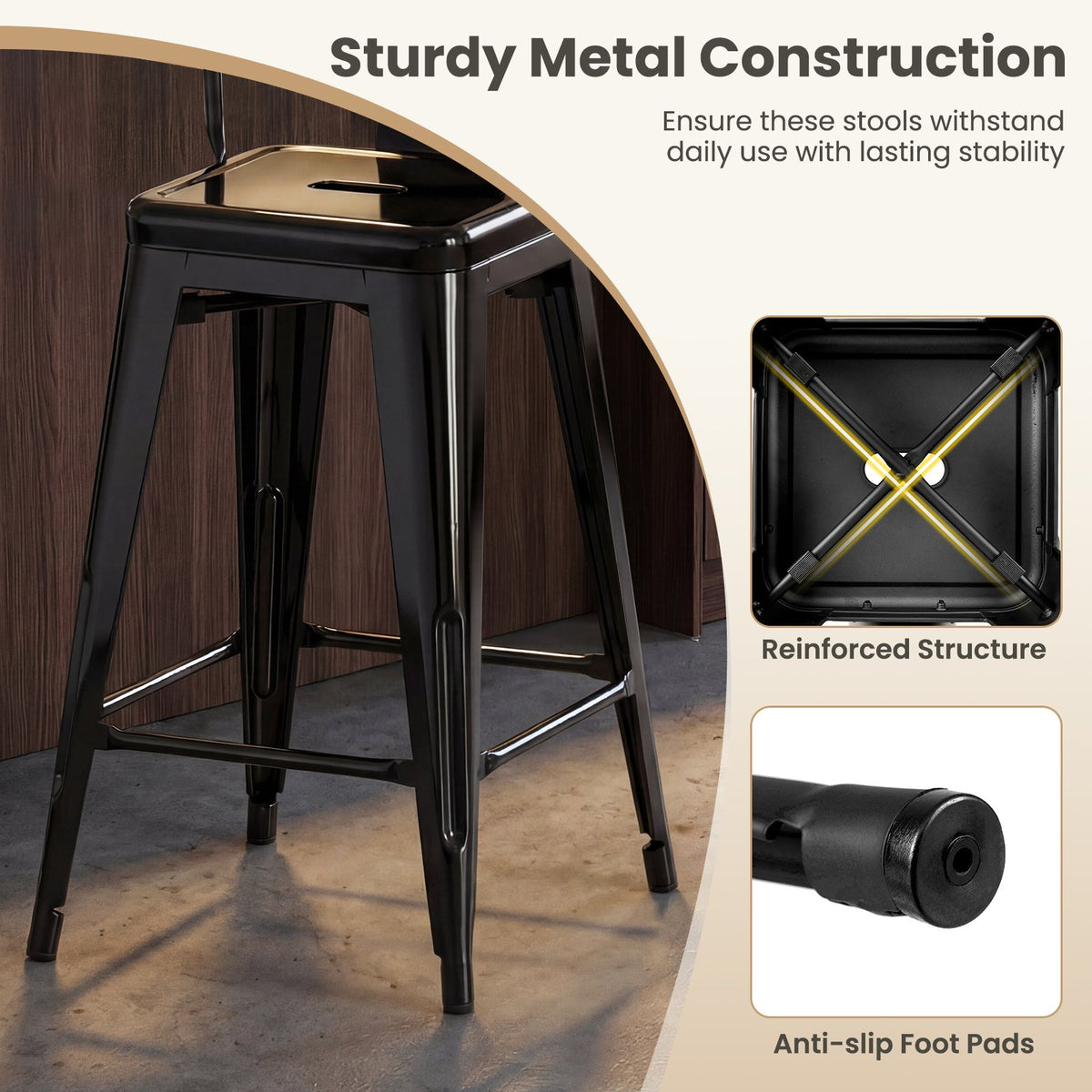 Set of 4 Metal Bar Stools with Backrests and Footrests-Black view 9