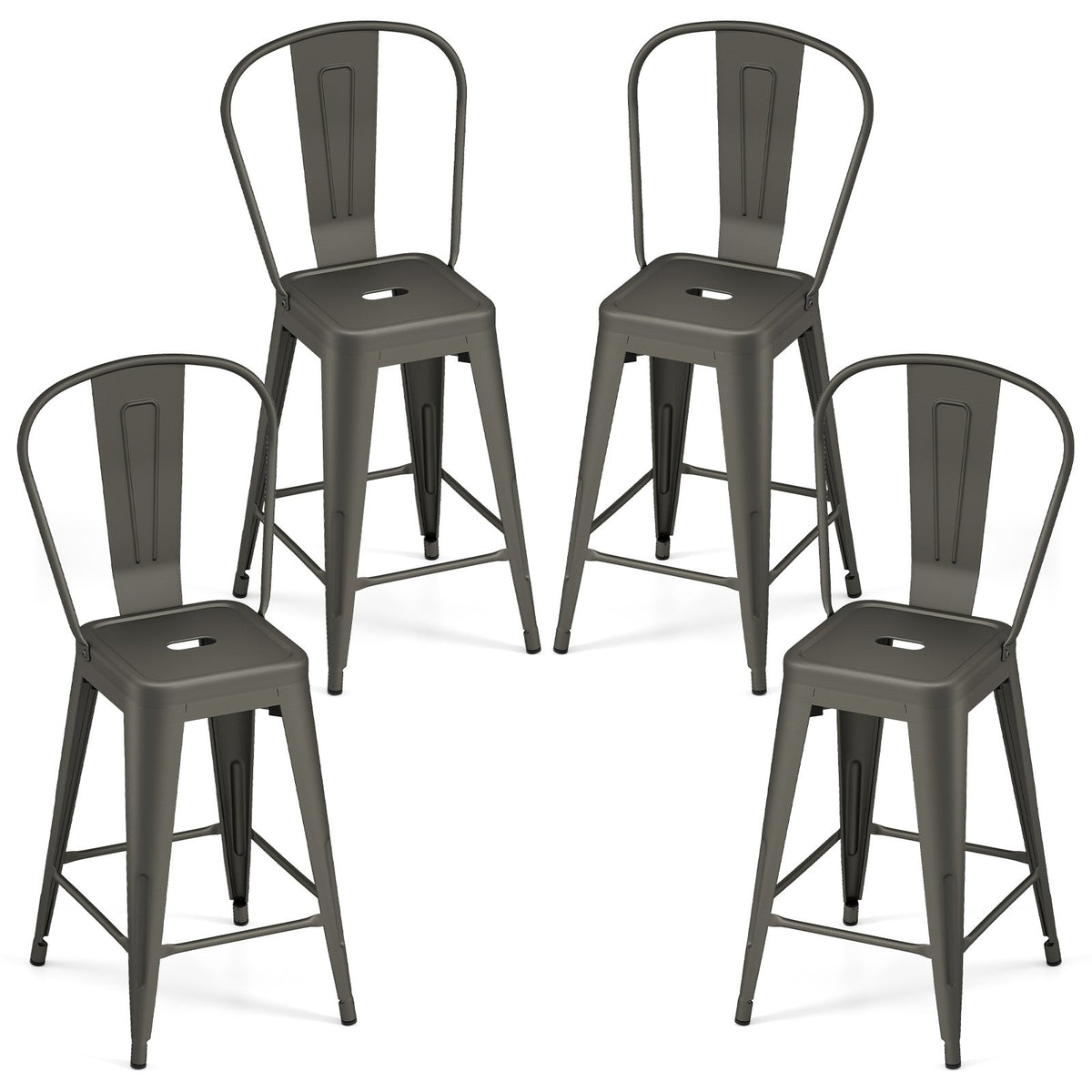 Set of 4 Metal Bar Stools with Backrests and Footrests-Gun Metal