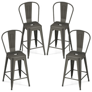 Set of 4 Metal Bar Stools with Backrests and Footrests-Gun Metal