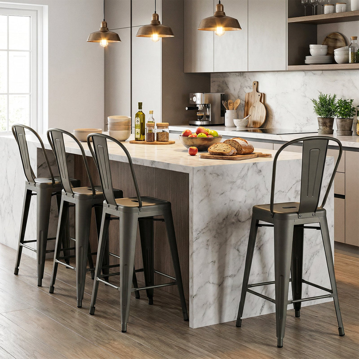 Set of 4 Metal Bar Stools with Backrests and Footrests-Gun Metal view 2