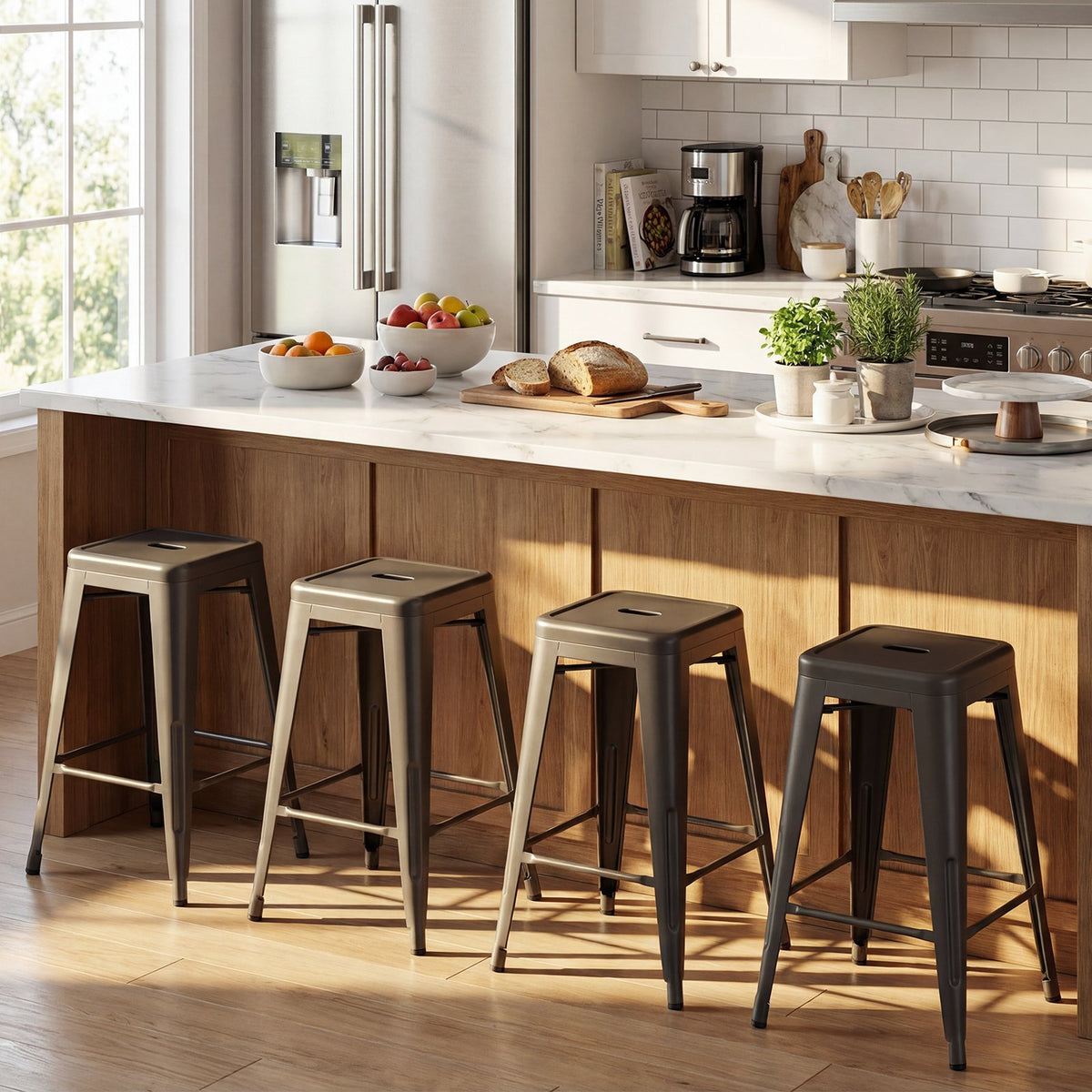Set of 4 Metal Bar Stools with Backrests and Footrests-Gun Metal view 3