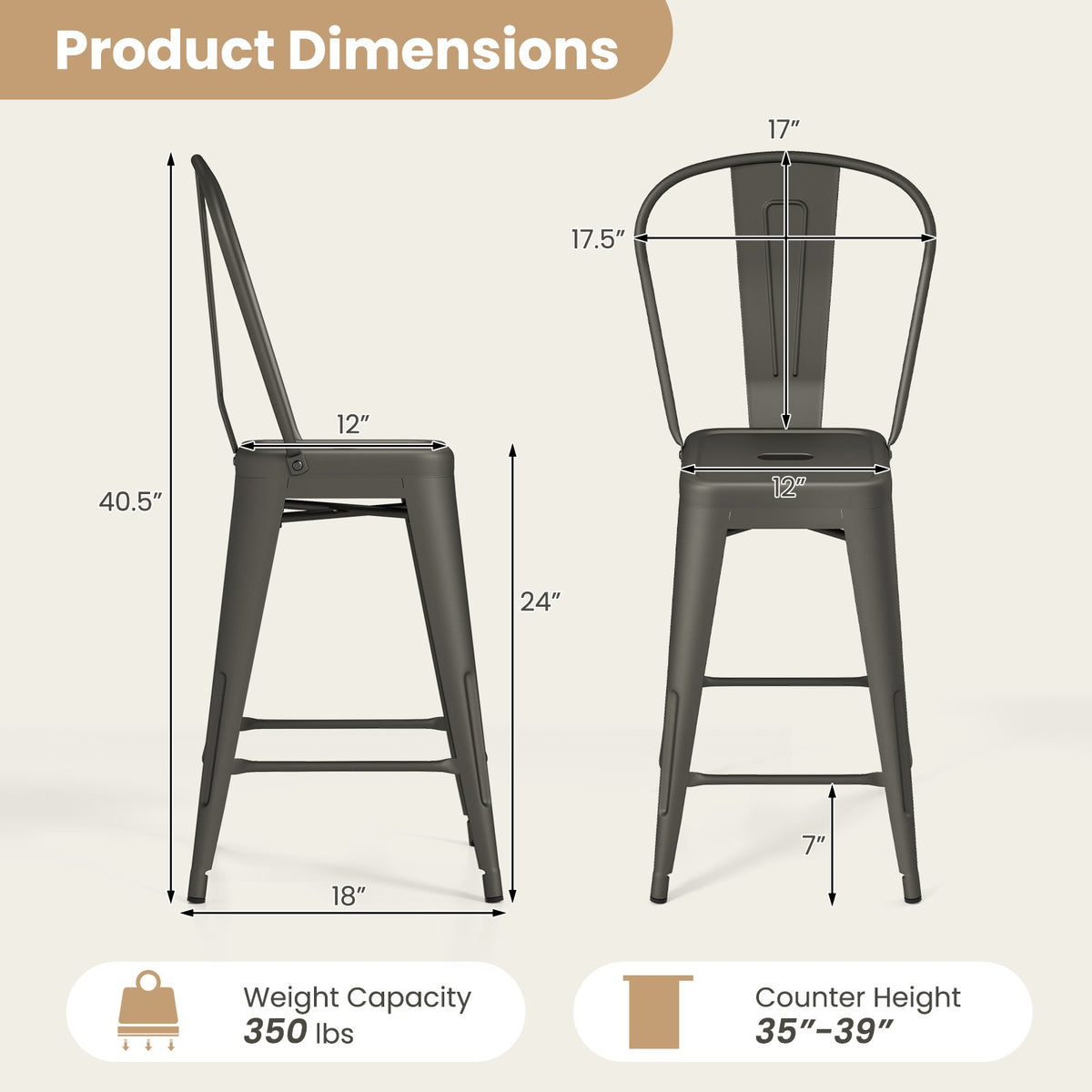 Set of 4 Metal Bar Stools with Backrests and Footrests-Gun Metal view 4