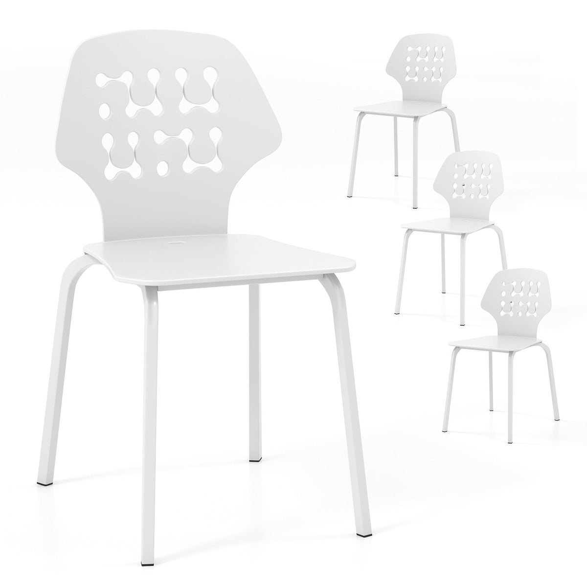 Set of 4 Metal Dining Chair with Hollowed Backrest and Metal Legs-White view 4