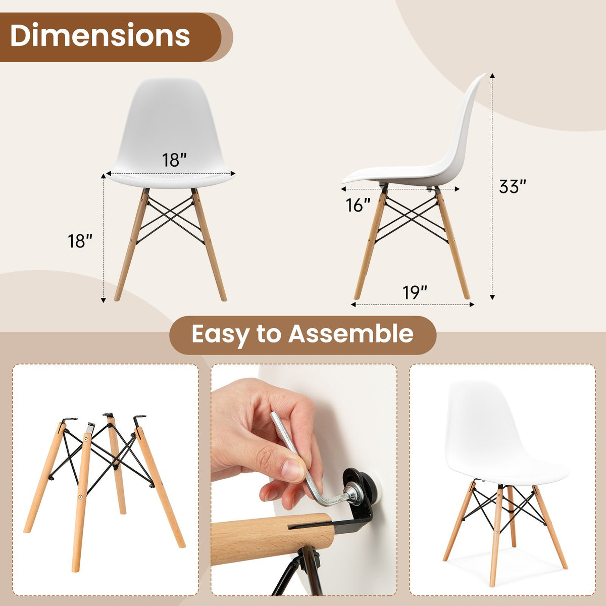Set of 4 Modern Dining Side Chair Wood Legs-White view 4