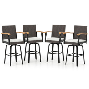 Set of 4 Outdoor 360° Swivel Bar Stool with Cushion and Acacia Wood Armrests