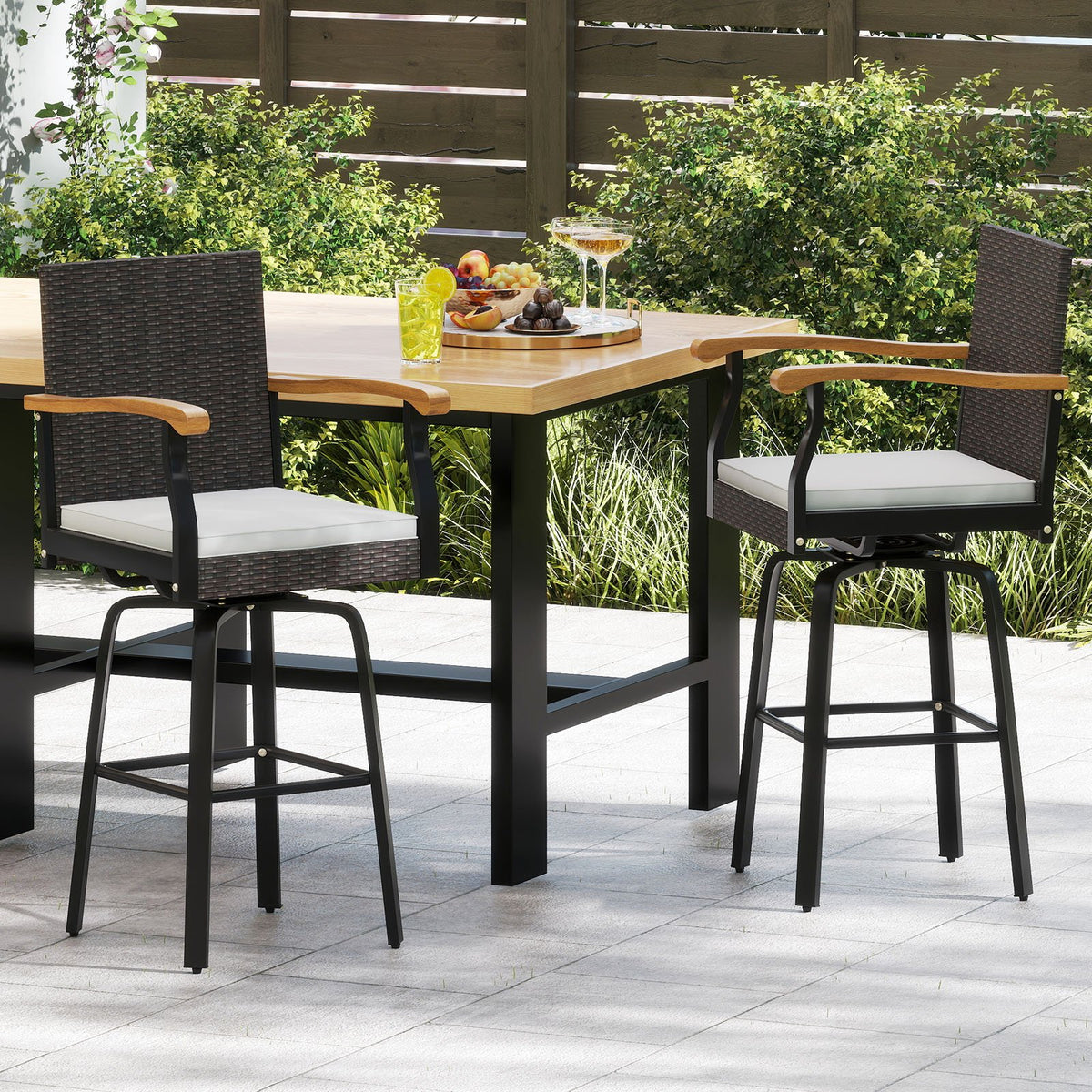 Set of 4 Outdoor 360° Swivel Bar Stool with Cushion and Acacia Wood Armrests view 2