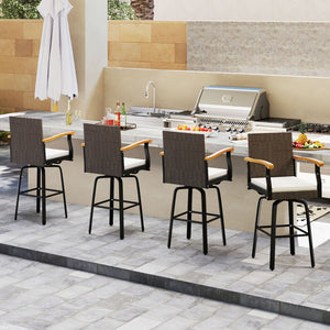 Set of 4 Outdoor 360° Swivel Bar Stool with Cushion and Acacia Wood Armrests view 3