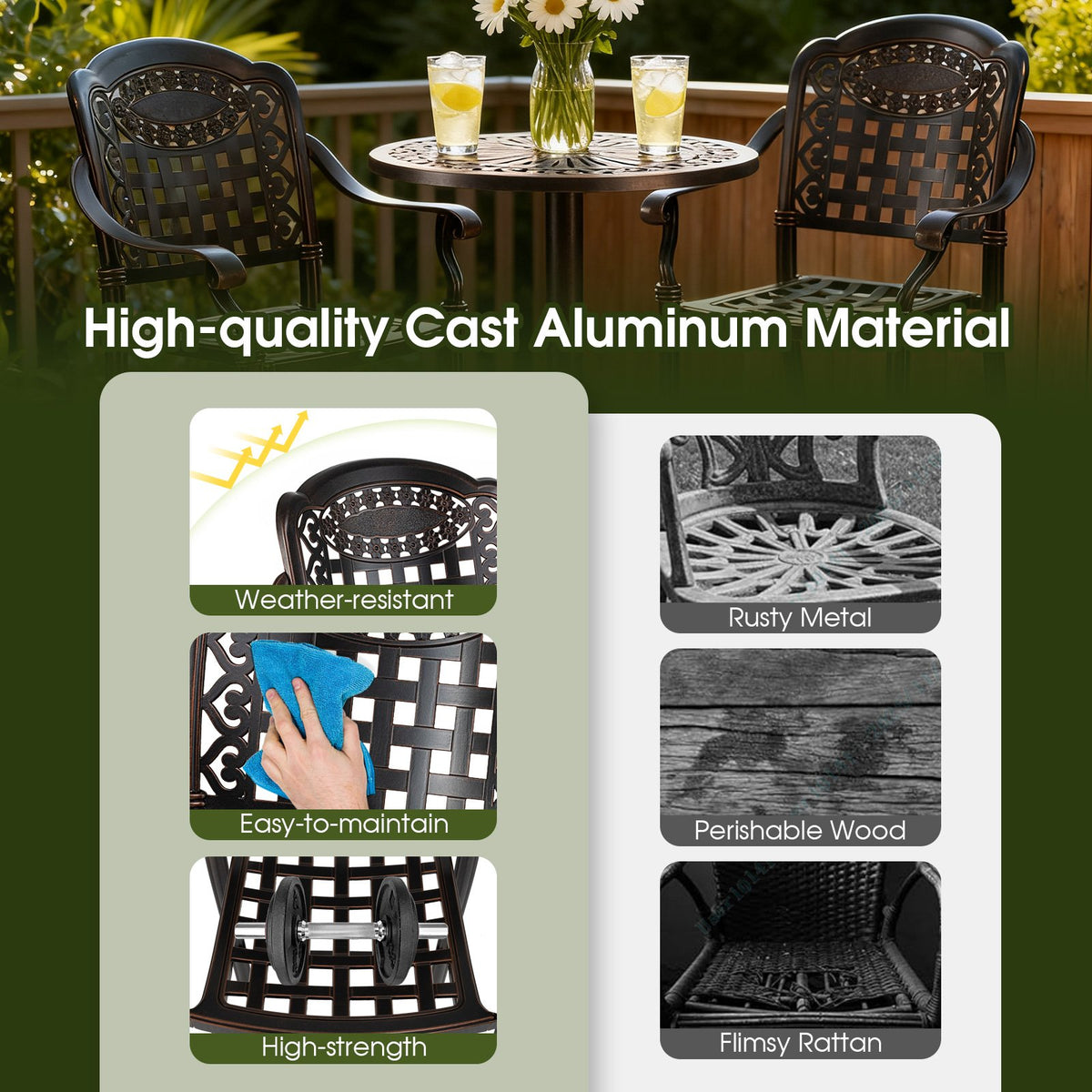 Set of 4 Outdoor Bar Stool 25.5 Inch Counter Height Cast Aluminum Bar Chairs-Copper view 7