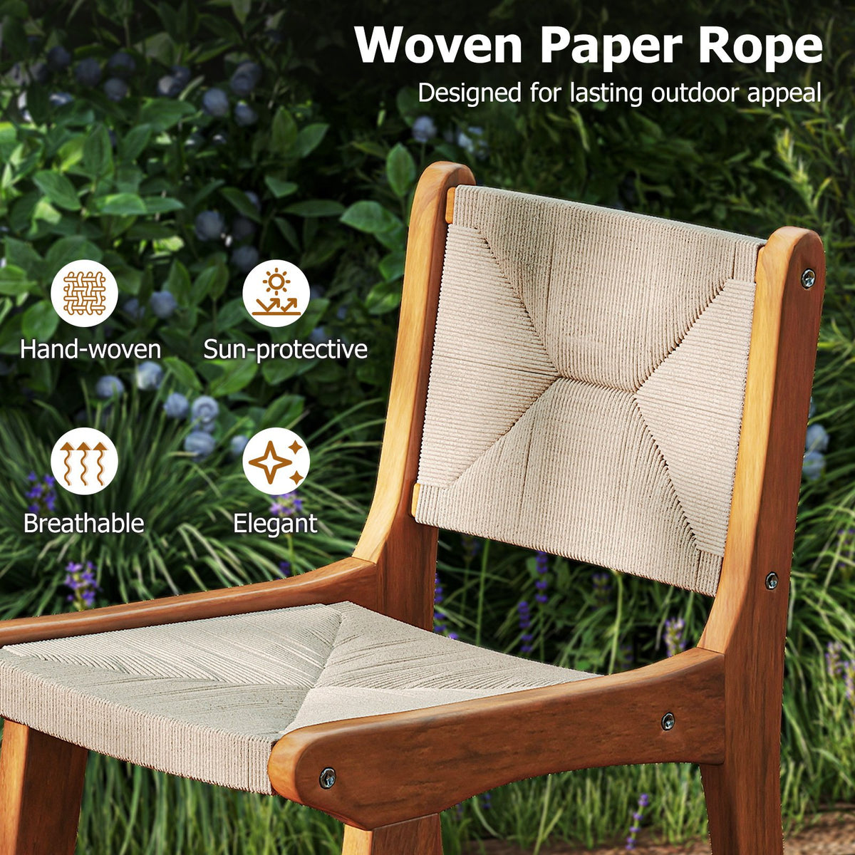 Set of 4 Outdoor Counter Height Bar Stool Woven Paper Rope Patio Barstool with Teak Wood Frame view 3