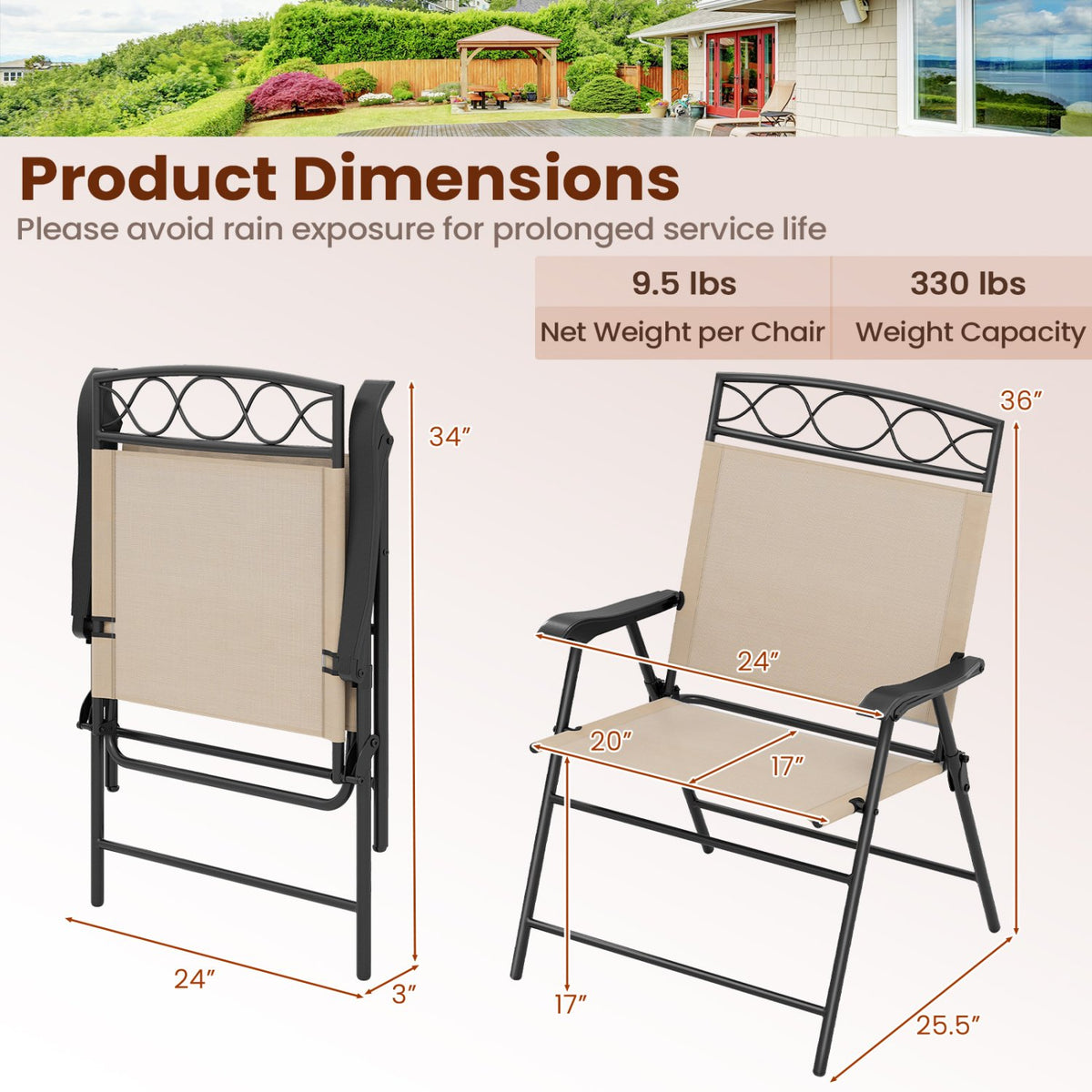 Set of 4 Patio Folding Chairs Set Dining Chairs with Armrests-Beige view 4