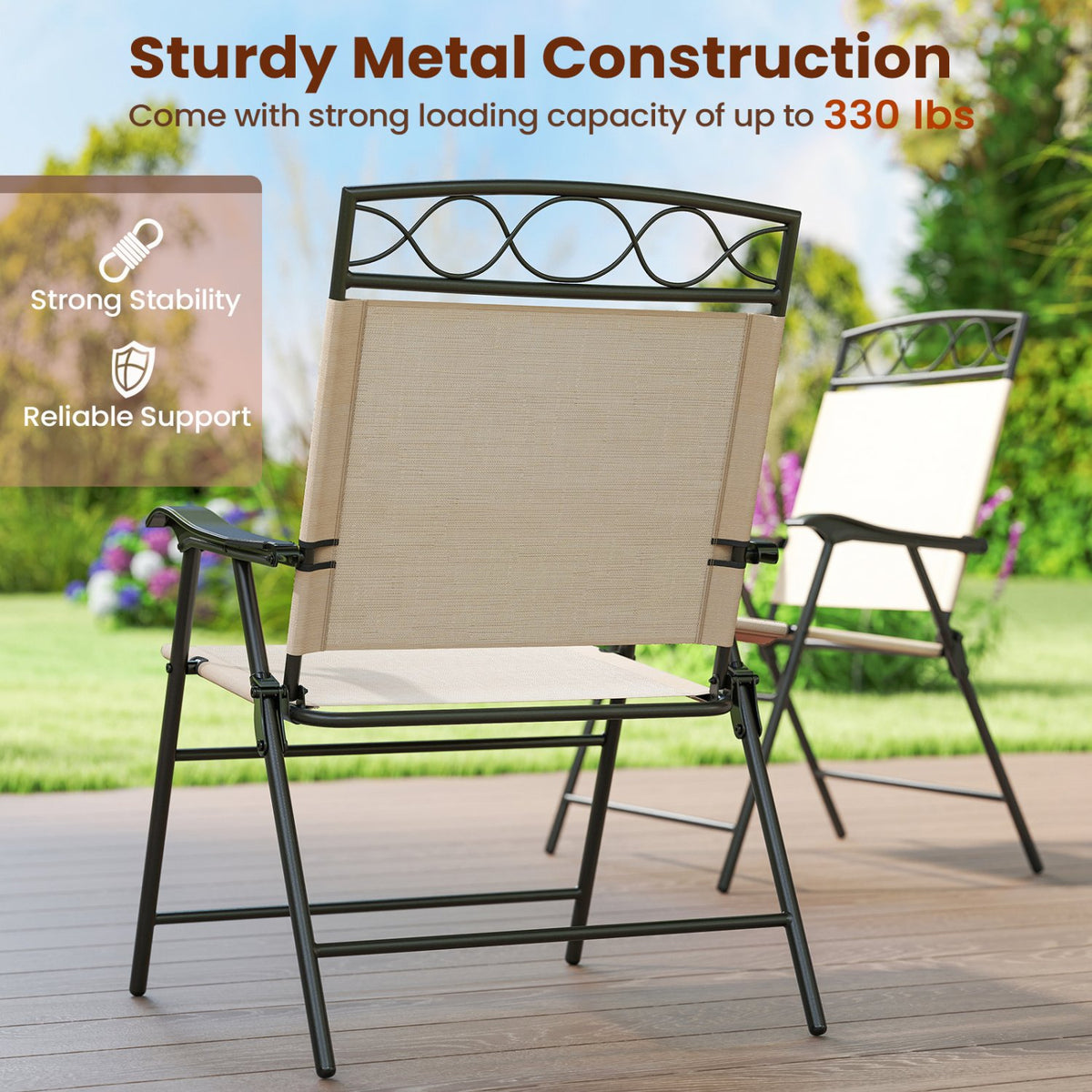 Set of 4 Patio Folding Chairs Set Dining Chairs with Armrests-Beige view 8