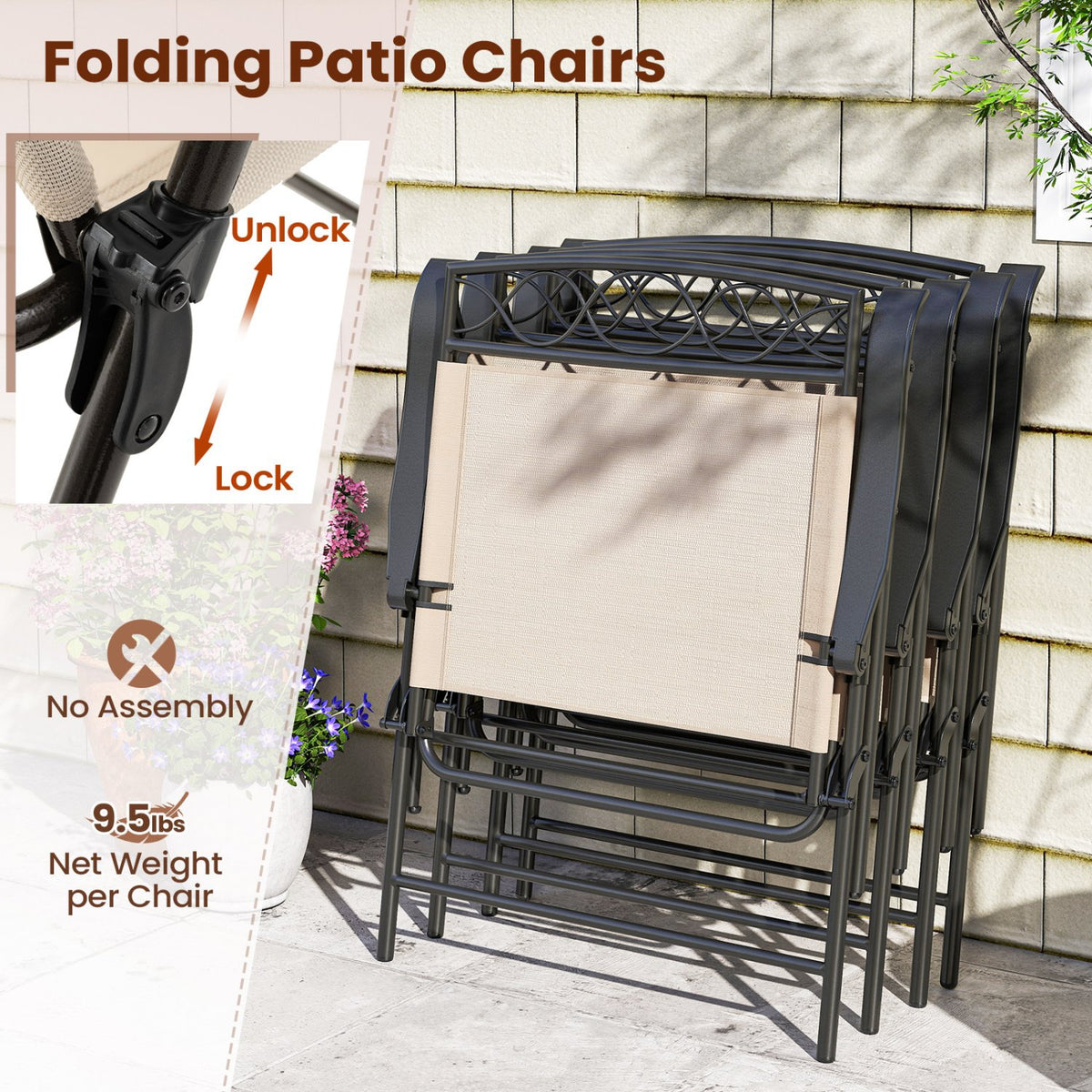 Set of 4 Patio Folding Chairs Set Dining Chairs with Armrests-Beige view 9